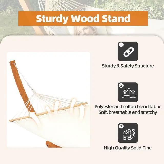 Alt view image 2 of 6 - 14 FT Wooden Hammock with Stand, Outdoor Double Hammock with Wood Stand 2 Person Heavy Duty Hammock and Stand for Outside Backyard, Balcony, Porch, Patio, Garden, 550 lbs Capacity, White