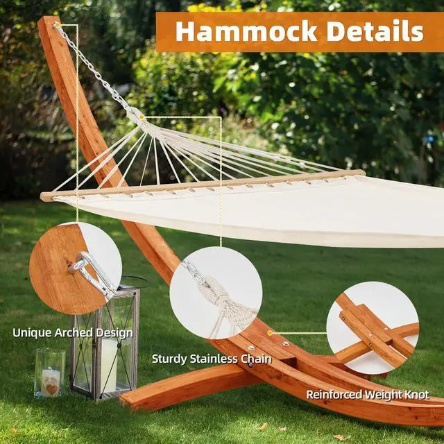 Alt view image 3 of 6 - 14 FT Wooden Hammock with Stand, Outdoor Double Hammock with Wood Stand 2 Person Heavy Duty Hammock and Stand for Outside Backyard, Balcony, Porch, Patio, Garden, 550 lbs Capacity, White