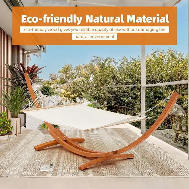 Alt view image 4 of 6 - 14 FT Wooden Hammock with Stand, Outdoor Double Hammock with Wood Stand 2 Person Heavy Duty Hammock and Stand for Outside Backyard, Balcony, Porch, Patio, Garden, 550 lbs Capacity, White