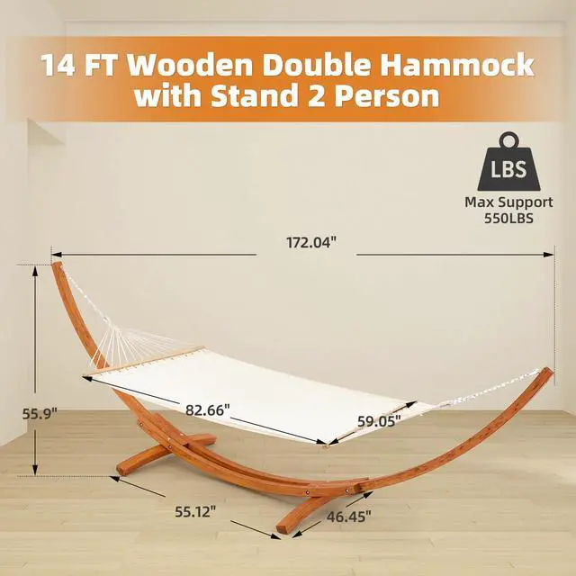 Alt view image 5 of 6 - 14 FT Wooden Hammock with Stand, Outdoor Double Hammock with Wood Stand 2 Person Heavy Duty Hammock and Stand for Outside Backyard, Balcony, Porch, Patio, Garden, 550 lbs Capacity, White