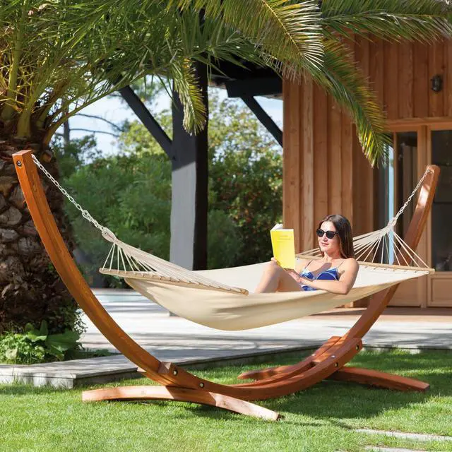 Alt view image 6 of 6 - 14 FT Wooden Hammock with Stand, Outdoor Double Hammock with Wood Stand 2 Person Heavy Duty Hammock and Stand for Outside Backyard, Balcony, Porch, Patio, Garden, 550 lbs Capacity, White