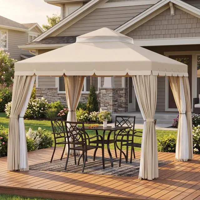 Main image of 10' x 10' Outdoor Gazebo, Heavy Duty Iron Frame Patio Canopy with Vented Soft Top, Breathable Mosquito Netting & Privacy Curtains, Sun Protection for for Garden, Backyard, Poolside, Beige