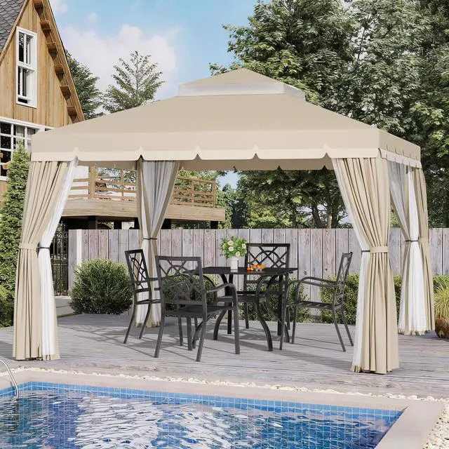 Alt view image 2 of 6 - 10' x 10' Outdoor Gazebo, Heavy Duty Iron Frame Patio Canopy with Vented Soft Top, Breathable Mosquito Netting & Privacy Curtains, Sun Protection for for Garden, Backyard, Poolside, Beige