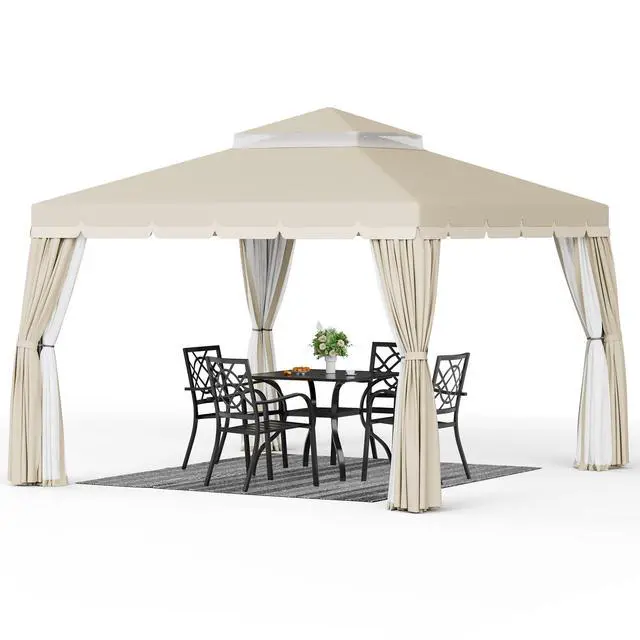 Alt view image 3 of 6 - 10' x 10' Outdoor Gazebo, Heavy Duty Iron Frame Patio Canopy with Vented Soft Top, Breathable Mosquito Netting & Privacy Curtains, Sun Protection for for Garden, Backyard, Poolside, Beige