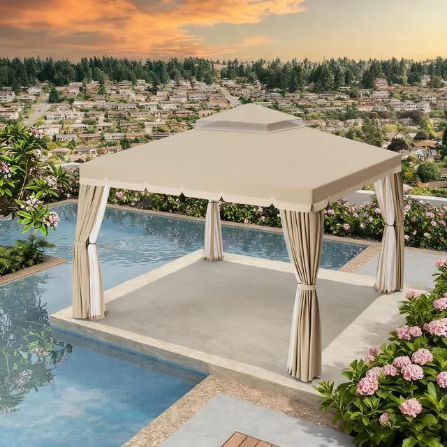 Alt view image 4 of 6 - 10' x 10' Outdoor Gazebo, Heavy Duty Iron Frame Patio Canopy with Vented Soft Top, Breathable Mosquito Netting & Privacy Curtains, Sun Protection for for Garden, Backyard, Poolside, Beige