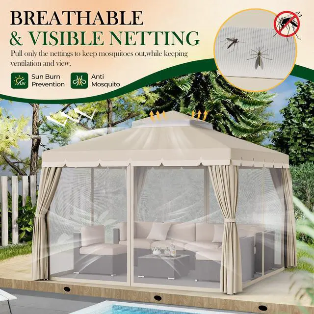 Alt view image 6 of 6 - 10' x 10' Outdoor Gazebo, Heavy Duty Iron Frame Patio Canopy with Vented Soft Top, Breathable Mosquito Netting & Privacy Curtains, Sun Protection for for Garden, Backyard, Poolside, Beige