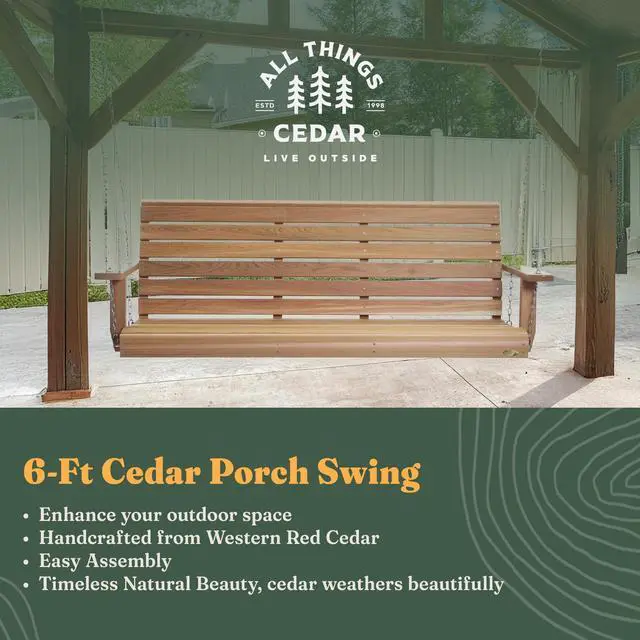 Alt view image 2 of 6 - Wooden Porch Swing, Outdoor Patio Furniture, 6 Foot, Natural