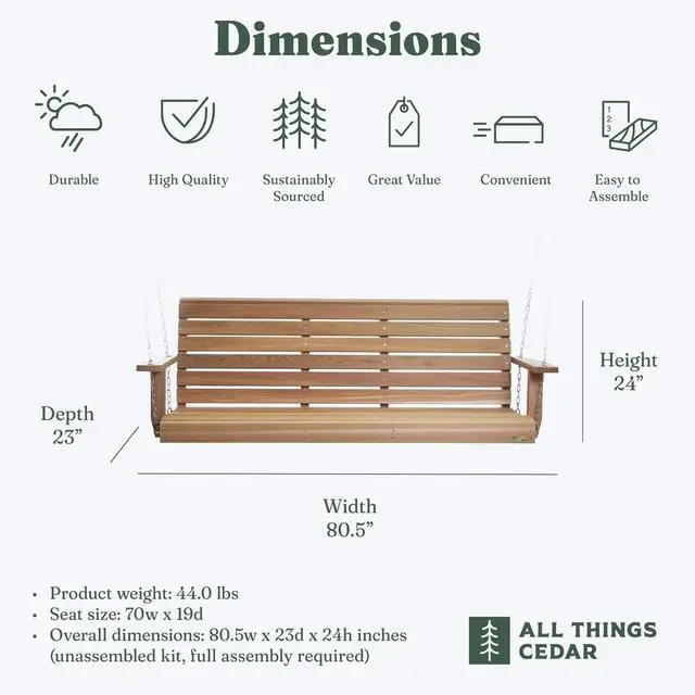 Alt view image 3 of 6 - Wooden Porch Swing, Outdoor Patio Furniture, 6 Foot, Natural