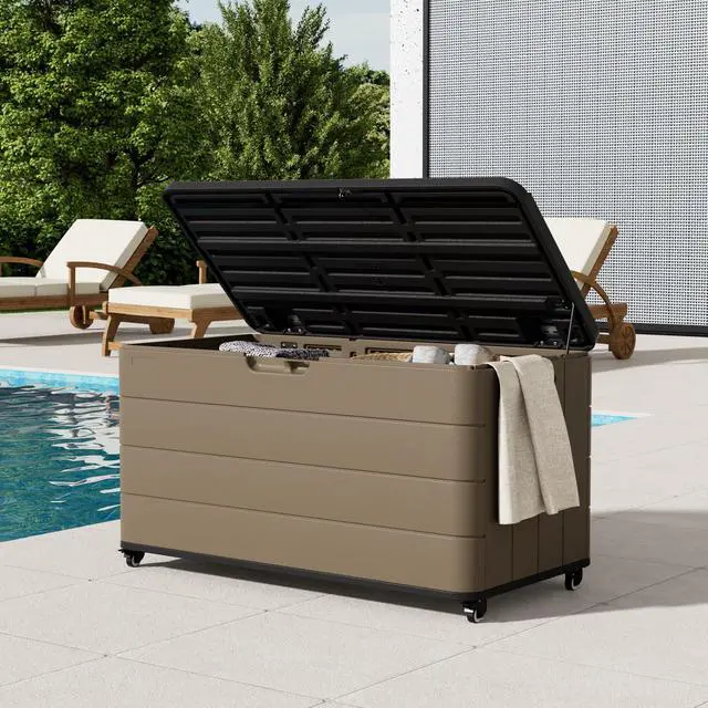 Alt view image 2 of 6 - 110 Gallon Deck Box Waterproof with Wheels - Mobile Double-Wall Resin Outdoor Storage Box for Patio, Pool, & Garden - Lockable Deck Storage for Cushions, Pool Floats, Boat Slip (Brown)