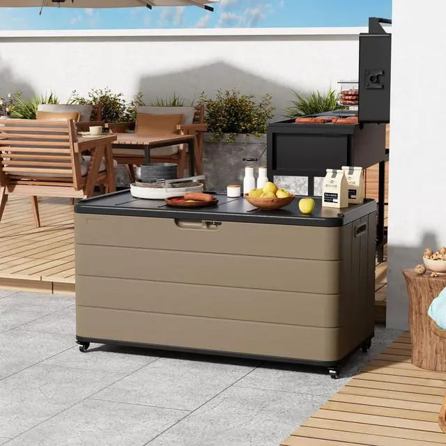 Alt view image 4 of 6 - 110 Gallon Deck Box Waterproof with Wheels - Mobile Double-Wall Resin Outdoor Storage Box for Patio, Pool, & Garden - Lockable Deck Storage for Cushions, Pool Floats, Boat Slip (Brown)