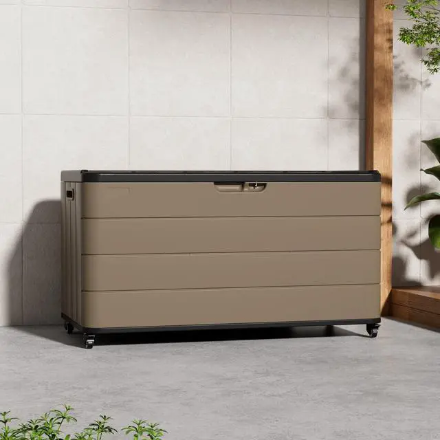 Alt view image 5 of 6 - 110 Gallon Deck Box Waterproof with Wheels - Mobile Double-Wall Resin Outdoor Storage Box for Patio, Pool, & Garden - Lockable Deck Storage for Cushions, Pool Floats, Boat Slip (Brown)