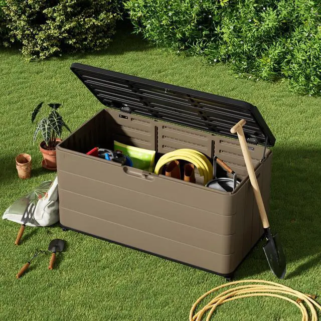 Alt view image 6 of 6 - 110 Gallon Deck Box Waterproof with Wheels - Mobile Double-Wall Resin Outdoor Storage Box for Patio, Pool, & Garden - Lockable Deck Storage for Cushions, Pool Floats, Boat Slip (Brown)