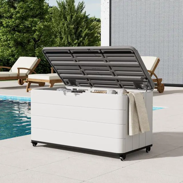 Alt view image 2 of 6 - 110 Gallon Deck Box Waterproof with Wheels - Mobile Double-Wall Resin Outdoor Storage Box for Patio, Pool, & Garden - Lockable Deck Storage for Cushions, Pool Floats, Boat Slip (Off-White)
