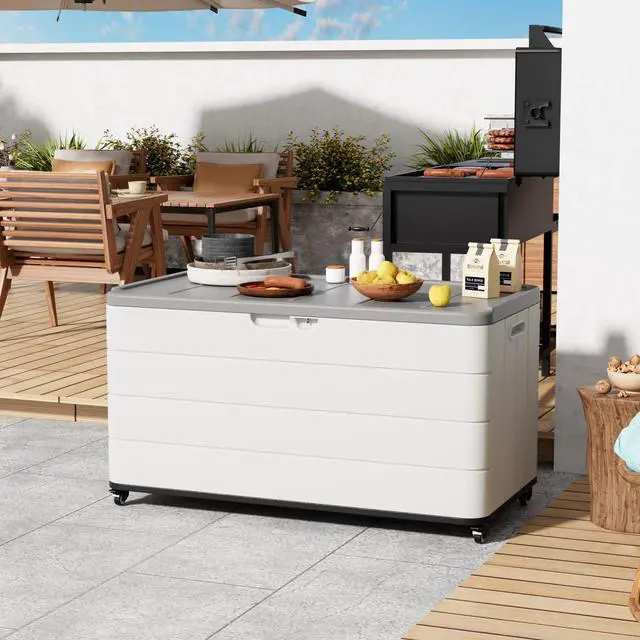 Alt view image 4 of 6 - 110 Gallon Deck Box Waterproof with Wheels - Mobile Double-Wall Resin Outdoor Storage Box for Patio, Pool, & Garden - Lockable Deck Storage for Cushions, Pool Floats, Boat Slip (Off-White)