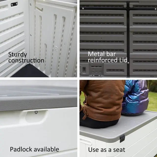 Alt view image 5 of 6 - 110 Gallon Deck Box Waterproof with Wheels - Mobile Double-Wall Resin Outdoor Storage Box for Patio, Pool, & Garden - Lockable Deck Storage for Cushions, Pool Floats, Boat Slip (Off-White)