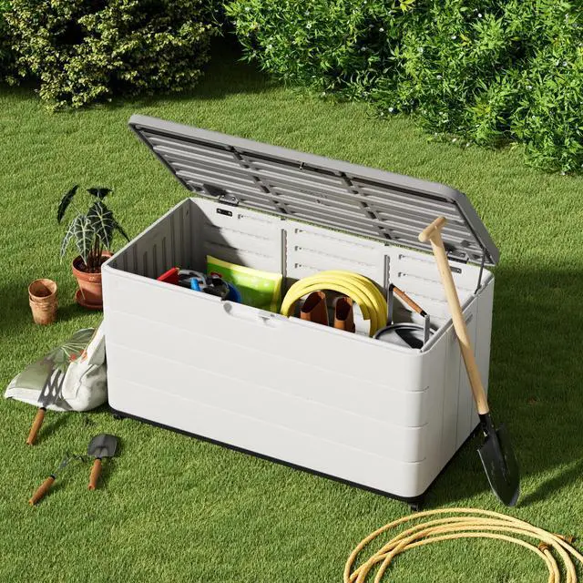 Alt view image 6 of 6 - 110 Gallon Deck Box Waterproof with Wheels - Mobile Double-Wall Resin Outdoor Storage Box for Patio, Pool, & Garden - Lockable Deck Storage for Cushions, Pool Floats, Boat Slip (Off-White)