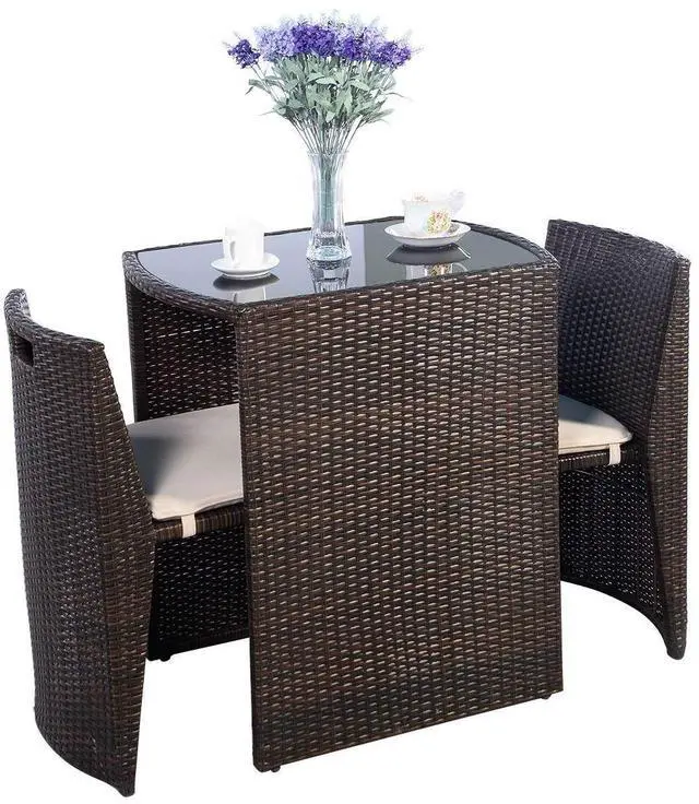 Main image of 3 PCS Cushioned Outdoor Wicker Patio Set Convention Bistro Set Garden Lawn Space Saving Conversation Sofa Furniture No Assembly (Brown)