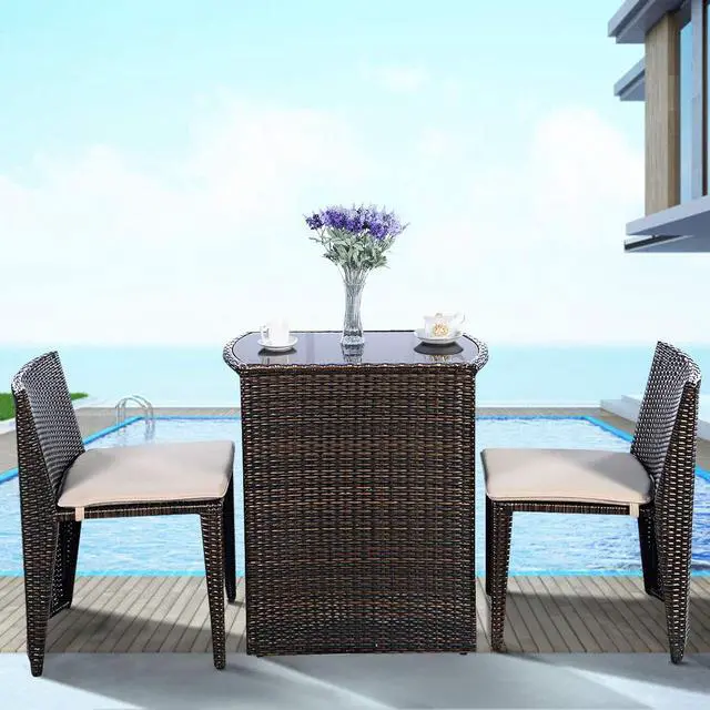 Alt view image 2 of 6 - 3 PCS Cushioned Outdoor Wicker Patio Set Convention Bistro Set Garden Lawn Space Saving Conversation Sofa Furniture No Assembly (Brown)