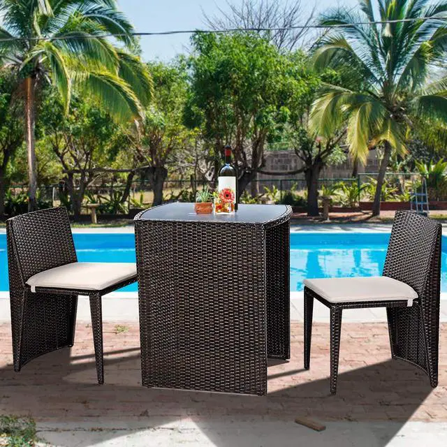 Alt view image 3 of 6 - 3 PCS Cushioned Outdoor Wicker Patio Set Convention Bistro Set Garden Lawn Space Saving Conversation Sofa Furniture No Assembly (Brown)