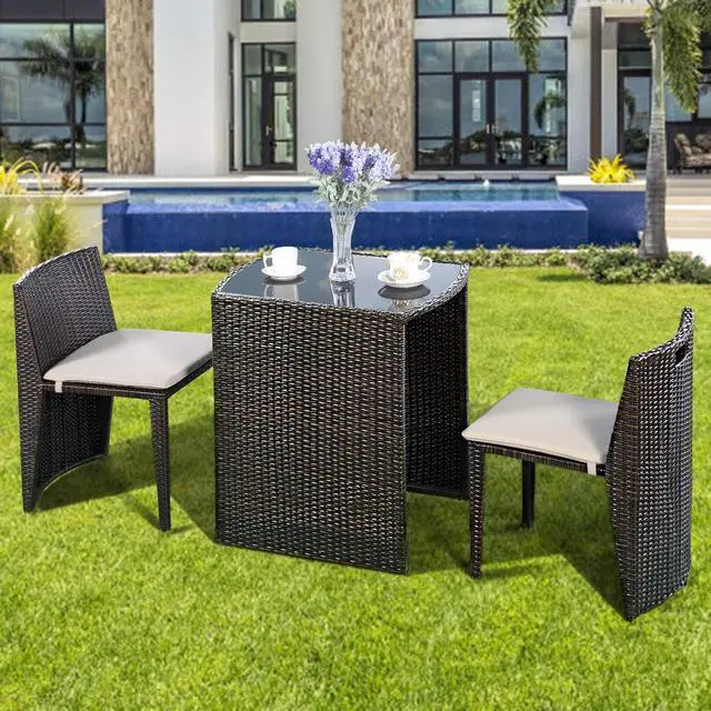 Alt view image 4 of 6 - 3 PCS Cushioned Outdoor Wicker Patio Set Convention Bistro Set Garden Lawn Space Saving Conversation Sofa Furniture No Assembly (Brown)