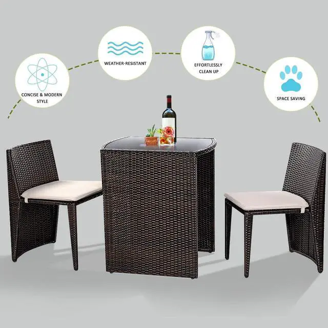 Alt view image 5 of 6 - 3 PCS Cushioned Outdoor Wicker Patio Set Convention Bistro Set Garden Lawn Space Saving Conversation Sofa Furniture No Assembly (Brown)