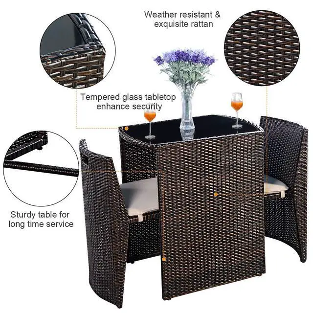 Alt view image 6 of 6 - 3 PCS Cushioned Outdoor Wicker Patio Set Convention Bistro Set Garden Lawn Space Saving Conversation Sofa Furniture No Assembly (Brown)