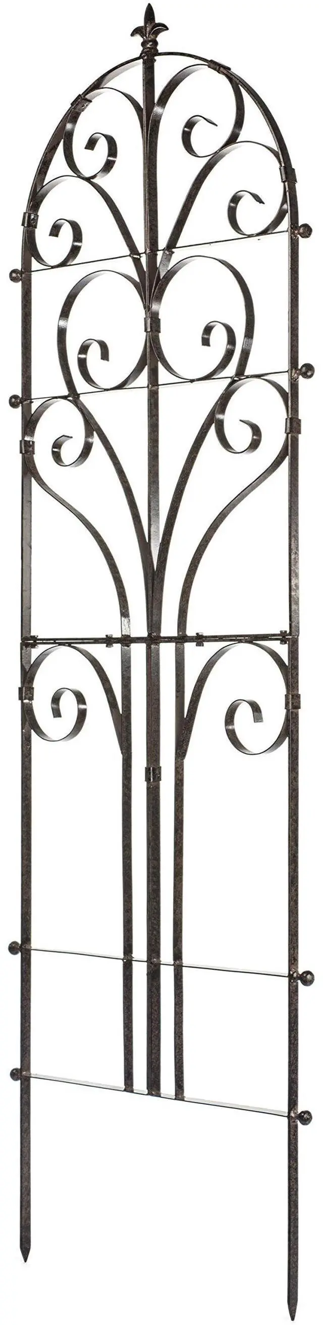 Main image of Scroll Garden Trellis 73.5" H, Freestanding Heavy Duty Iron 34 lbs | Powder-coated finish with ground spikes included. Supports climbing roses, clematis, ivy and vines