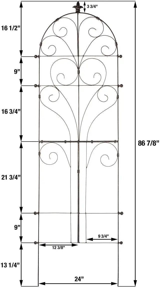 Alt view image 2 of 6 - Scroll Garden Trellis 73.5" H, Freestanding Heavy Duty Iron 34 lbs | Powder-coated finish with ground spikes included. Supports climbing roses, clematis, ivy and vines