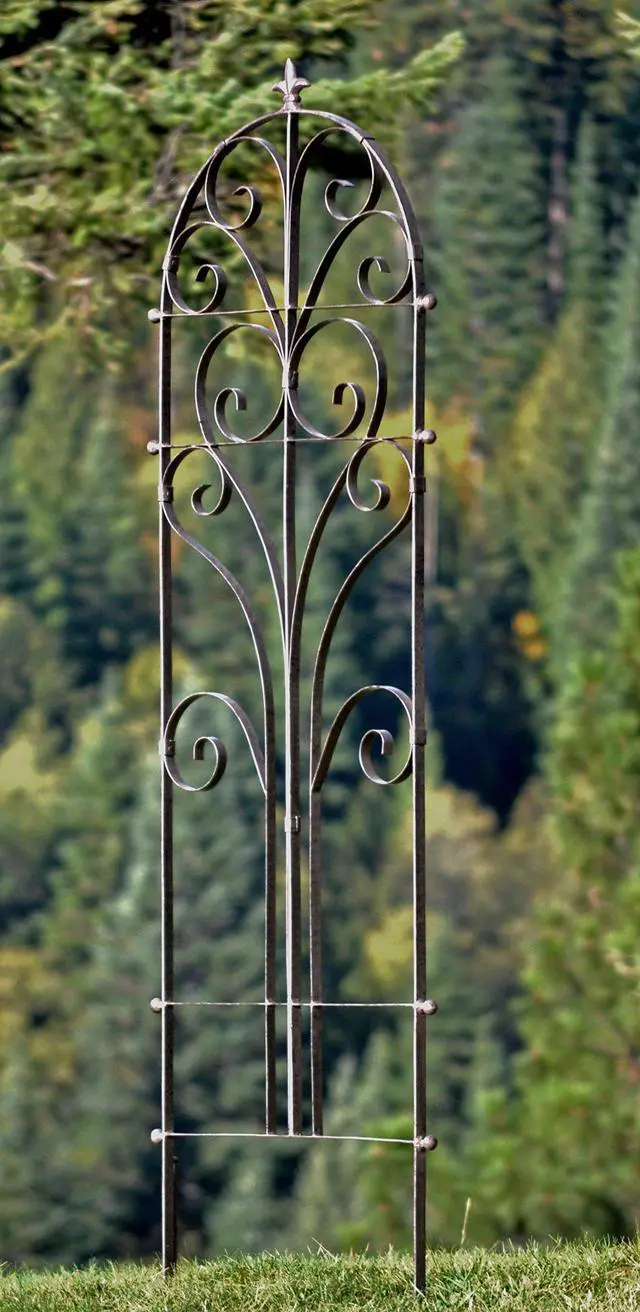 Alt view image 4 of 6 - Scroll Garden Trellis 73.5" H, Freestanding Heavy Duty Iron 34 lbs | Powder-coated finish with ground spikes included. Supports climbing roses, clematis, ivy and vines