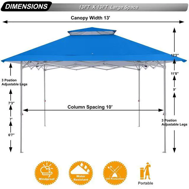 Alt view image 2 of 5 - 13x13 Pop Up Canopy Base on 10x10 Canopy Frame with Double Ventilated Top, 4 Sandbags, 4 Ropes and 8 Stakes (Blue)