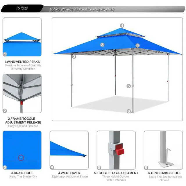 Alt view image 4 of 5 - 13x13 Pop Up Canopy Base on 10x10 Canopy Frame with Double Ventilated Top, 4 Sandbags, 4 Ropes and 8 Stakes (Blue)