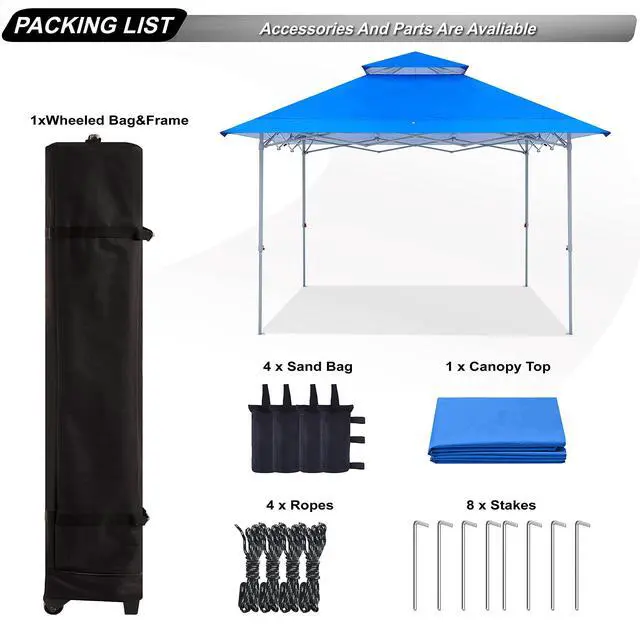 Alt view image 5 of 5 - 13x13 Pop Up Canopy Base on 10x10 Canopy Frame with Double Ventilated Top, 4 Sandbags, 4 Ropes and 8 Stakes (Blue)