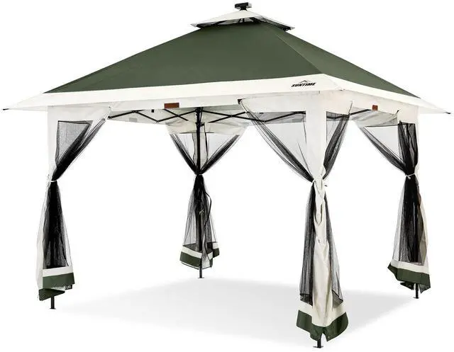 Main image of Suntime 12 x 12 Instant Pop Up Gazebo Polyester Canopy Tent Shelter with Solar LED Lights, 4 Zippered Screens, and Powder Coated Steel Frame, Green