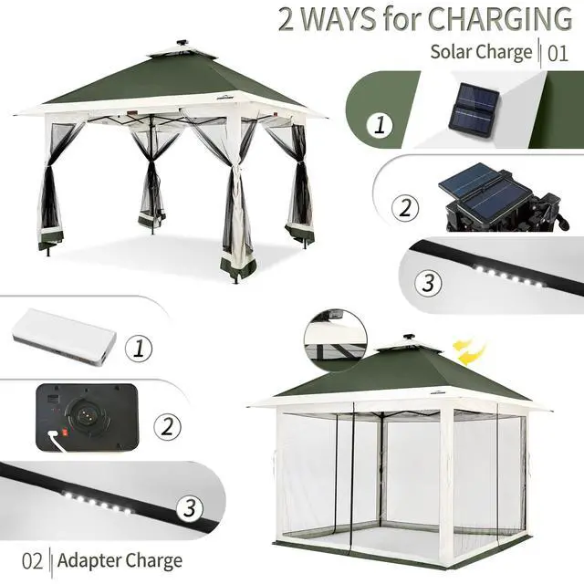 Alt view image 3 of 6 - Suntime 12 x 12 Instant Pop Up Gazebo Polyester Canopy Tent Shelter with Solar LED Lights, 4 Zippered Screens, and Powder Coated Steel Frame, Green