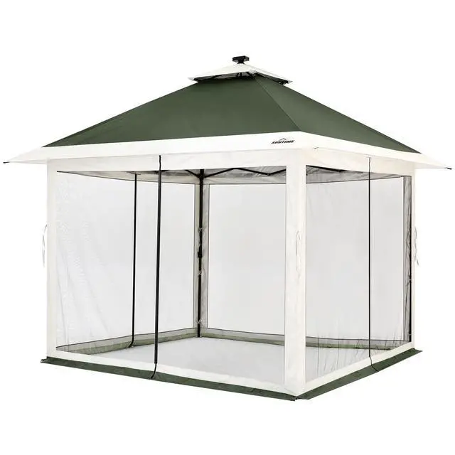 Alt view image 4 of 6 - Suntime 12 x 12 Instant Pop Up Gazebo Polyester Canopy Tent Shelter with Solar LED Lights, 4 Zippered Screens, and Powder Coated Steel Frame, Green