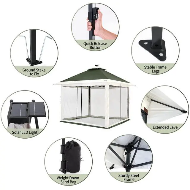 Alt view image 6 of 6 - Suntime 12 x 12 Instant Pop Up Gazebo Polyester Canopy Tent Shelter with Solar LED Lights, 4 Zippered Screens, and Powder Coated Steel Frame, Green