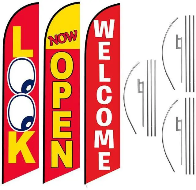 Main image of Three Swooper Flag Combo Look Now Open Welcome Red White Advertising Signs With 3 Pole Kits & 3 Ground Spikes