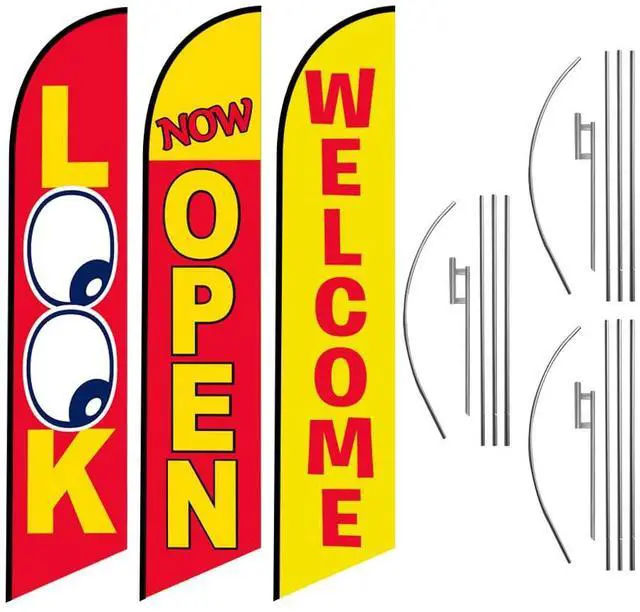 Main image of Three Swooper Flag Combo Look Now Open Welcome Yellow Red Advertising W/Pole kits and Ground Spikes - Complete 3 sets