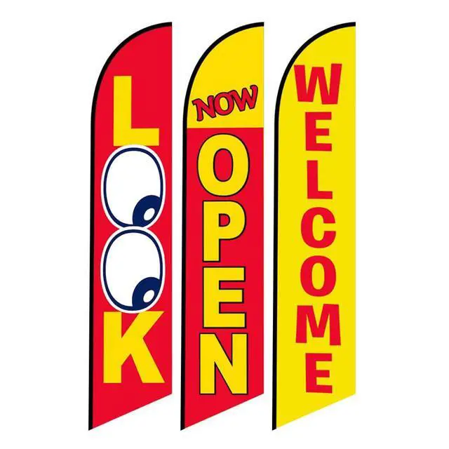 Alt view image 2 of 6 - Three Swooper Flag Combo Look Now Open Welcome Yellow Red Advertising W/Pole kits and Ground Spikes - Complete 3 sets