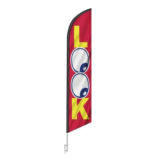 Alt view image 4 of 6 - Three Swooper Flag Combo Look Now Open Welcome Yellow Red Advertising W/Pole kits and Ground Spikes - Complete 3 sets