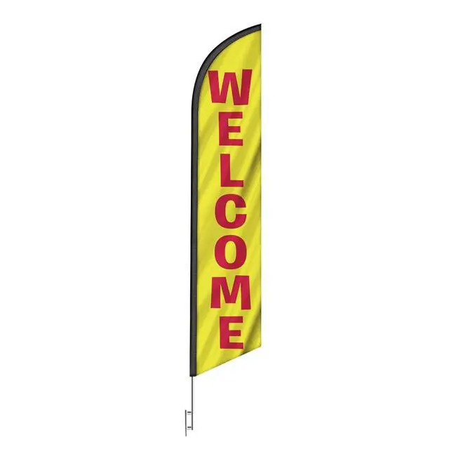 Alt view image 5 of 6 - Three Swooper Flag Combo Look Now Open Welcome Yellow Red Advertising W/Pole kits and Ground Spikes - Complete 3 sets