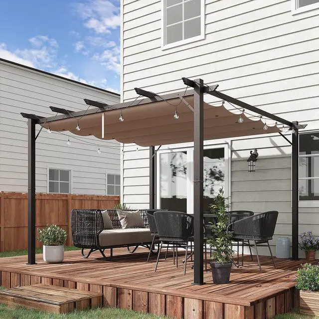 Alt view image 2 of 6 - 10' x 10' Aluminum Patio Pergola with Retractable Pergola Canopy, Backyard Shade Shelter for Porch, Outdoor Party, Garden, Grill Gazebo, Brown