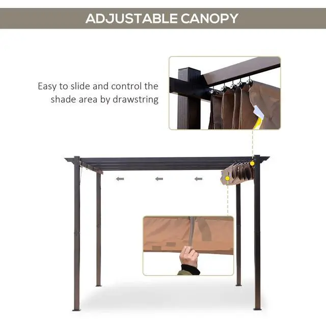Alt view image 3 of 6 - 10' x 10' Aluminum Patio Pergola with Retractable Pergola Canopy, Backyard Shade Shelter for Porch, Outdoor Party, Garden, Grill Gazebo, Brown