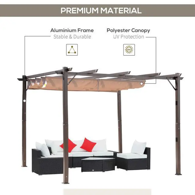 Alt view image 4 of 6 - 10' x 10' Aluminum Patio Pergola with Retractable Pergola Canopy, Backyard Shade Shelter for Porch, Outdoor Party, Garden, Grill Gazebo, Brown