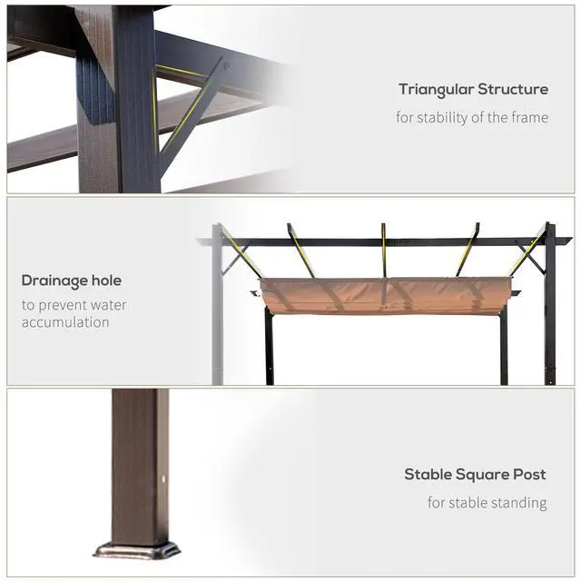 Alt view image 5 of 6 - 10' x 10' Aluminum Patio Pergola with Retractable Pergola Canopy, Backyard Shade Shelter for Porch, Outdoor Party, Garden, Grill Gazebo, Brown