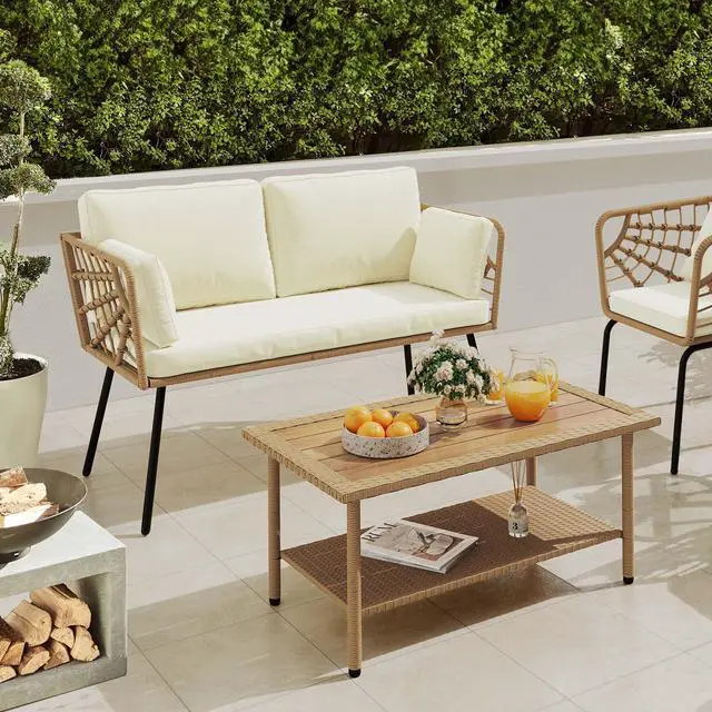 Main image of 2 Pieces Patio Furniture Set, All-Weather Wicker Loveseat with Thick Cushions & Rattan Table, Outdoor Conversation Set for Patio, Balcony, Backyard, Deck, Poolside