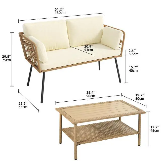 Alt view image 2 of 6 - 2 Pieces Patio Furniture Set, All-Weather Wicker Loveseat with Thick Cushions & Rattan Table, Outdoor Conversation Set for Patio, Balcony, Backyard, Deck, Poolside