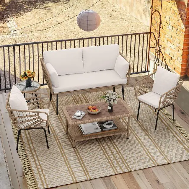 Alt view image 3 of 6 - 2 Pieces Patio Furniture Set, All-Weather Wicker Loveseat with Thick Cushions & Rattan Table, Outdoor Conversation Set for Patio, Balcony, Backyard, Deck, Poolside