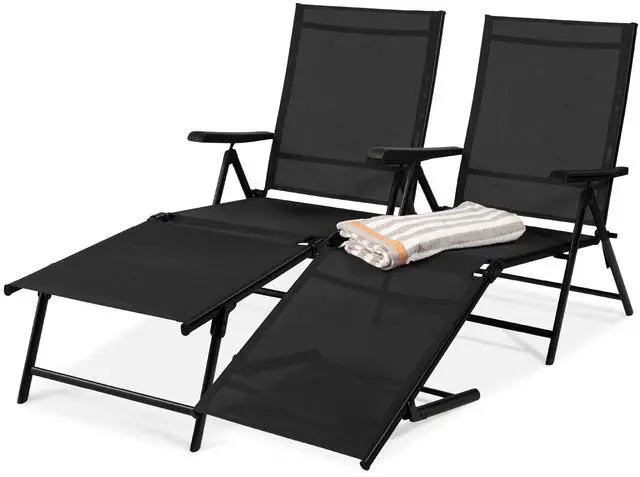 Main image of Set of 2 Outdoor Patio Chaise Lounge Chair Adjustable Reclining Folding Pool Lounger for Poolside, Deck, Backyard w/Steel Frame, 250lb Weight Capacity - Black