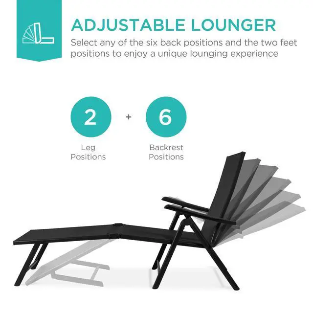 Alt view image 3 of 6 - Set of 2 Outdoor Patio Chaise Lounge Chair Adjustable Reclining Folding Pool Lounger for Poolside, Deck, Backyard w/Steel Frame, 250lb Weight Capacity - Black
